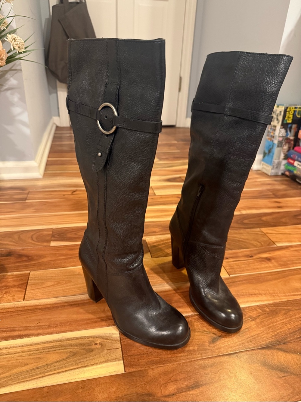 Black Leather Knee-High Block Heel Boots